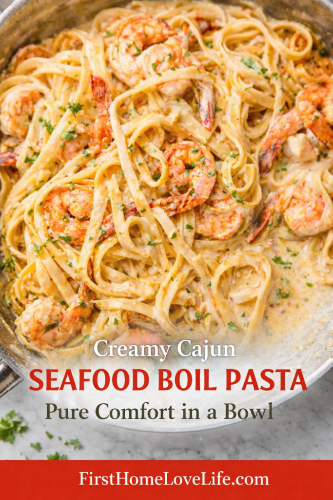 Creamy Cajun seafood boil pasta with shrimp and crab in garlic butter sauce with FirstHomeLoveLife.com overlay