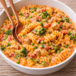Creamy one pot pasta rosa with rotini, chicken, sausage, broccoli, and peas served in a white bowl with wooden serving spoons