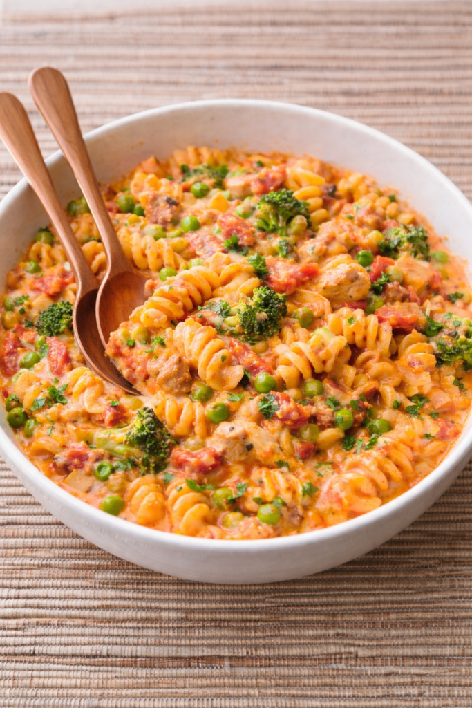 Creamy one pot pasta rosa with rotini, chicken, sausage, broccoli, and peas served in a white bowl with wooden serving spoons