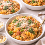Creamy pasta rosa served in white bowls with chicken, sausage, vegetables, and freshly grated parmesan cheese on top