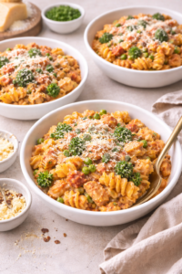 Creamy pasta rosa served in white bowls with chicken, sausage, vegetables, and freshly grated parmesan cheese on top