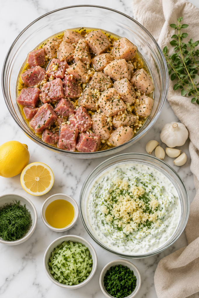 Raw chicken and pork marinating in a lemon garlic herb marinade beside a large glass bowl of homemade garlicky tzatziki on a marble countertop.