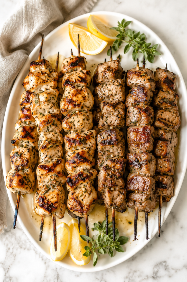 Grilled Greek chicken and pork souvlaki skewers served on a white platter with homemade garlicky tzatziki, fresh oregano, lemon wedges, and charred juicy meat on a marble countertop.