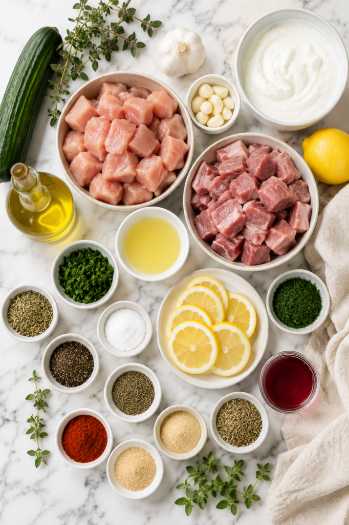 Flat lay of ingredients for grilled Greek chicken and pork souvlaki with homemade garlicky tzatziki including chicken, pork, Greek yogurt, cucumber, garlic, lemons, olive oil, oregano, dill, herbs, and seasonings on a marble countertop.