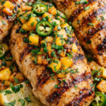 Grilled honey jalapeño peach chicken thighs topped with a sweet and spicy peach jalapeño glaze, finished with fresh cilantro and lemon slices.