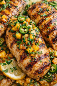 Grilled honey jalapeño peach chicken thighs topped with a sweet and spicy peach jalapeño glaze, finished with fresh cilantro and lemon slices.