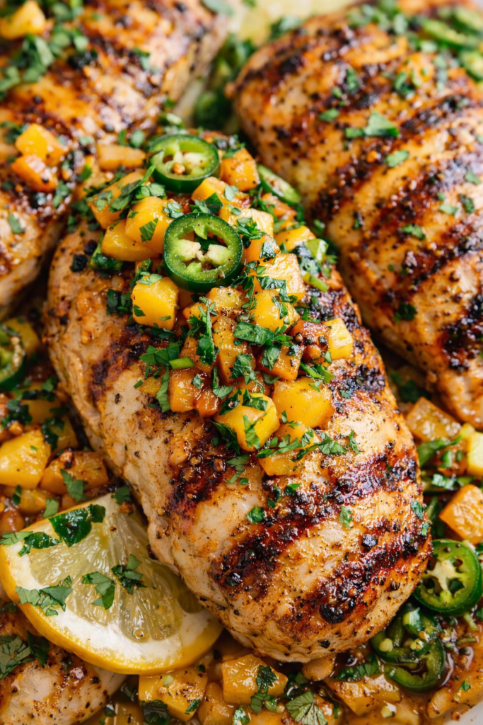 Grilled honey jalapeño peach chicken thighs topped with a sweet and spicy peach jalapeño glaze, finished with fresh cilantro and lemon slices.