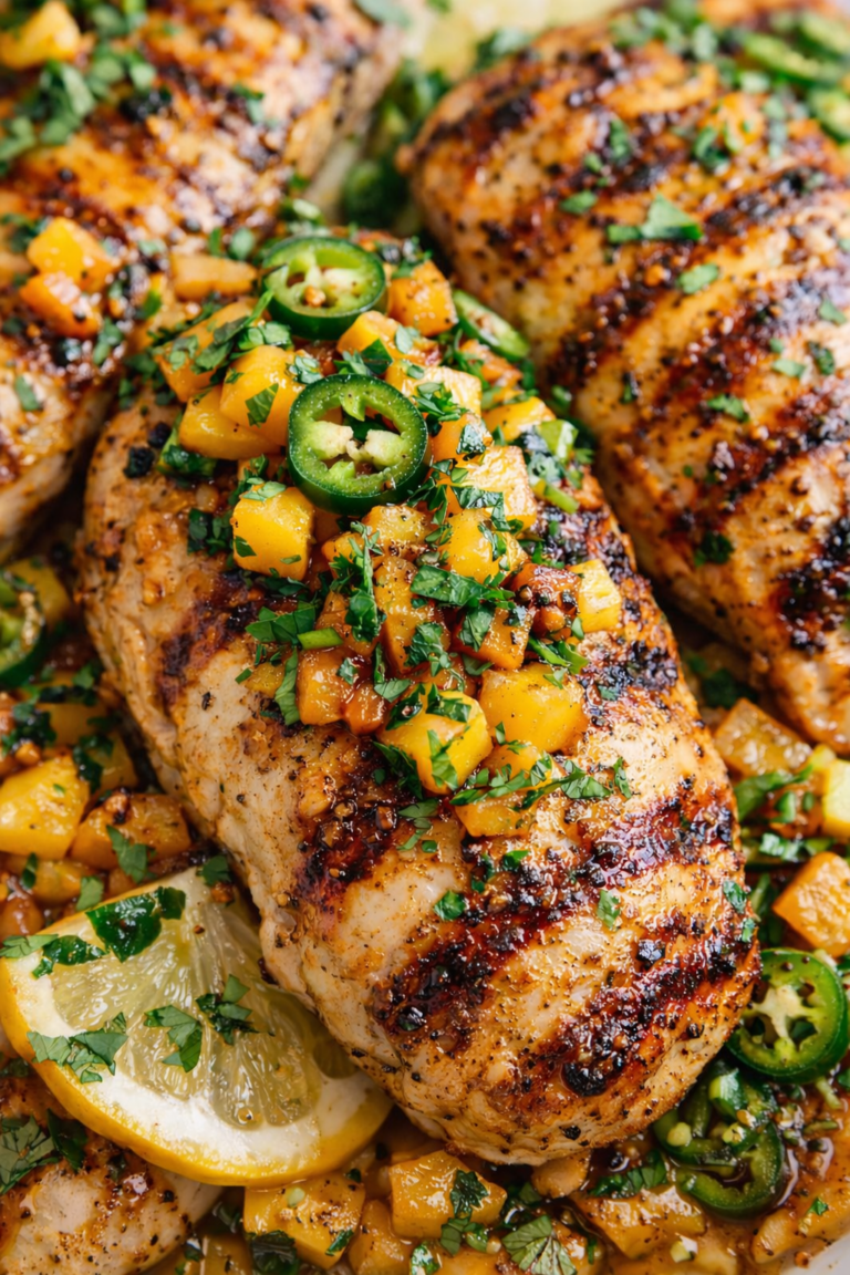 Grilled honey jalapeño peach chicken thighs topped with a sweet and spicy peach jalapeño glaze, finished with fresh cilantro and lemon slices.