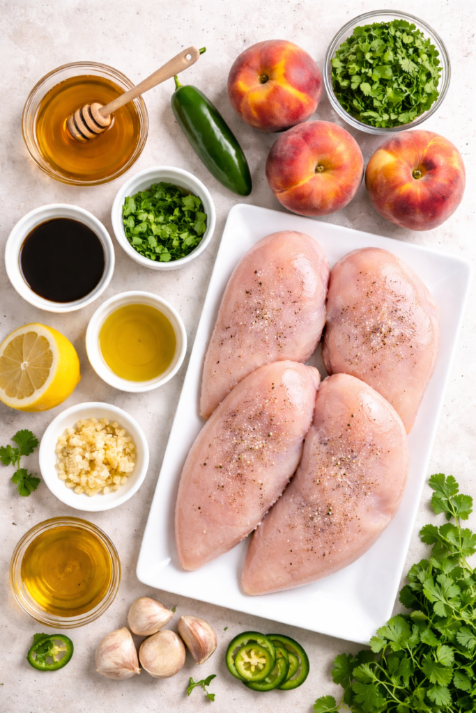 Flat lay of honey jalapeño peach chicken ingredients including boneless skinless chicken breasts, fresh peaches, jalapeño, honey, garlic, olive oil, soy sauce, lemon, and cilantro.