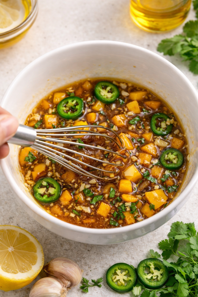 Honey jalapeño peach glaze being whisked in a bowl with fresh peaches, jalapeño slices, garlic, and honey for sweet and spicy grilled chicken.