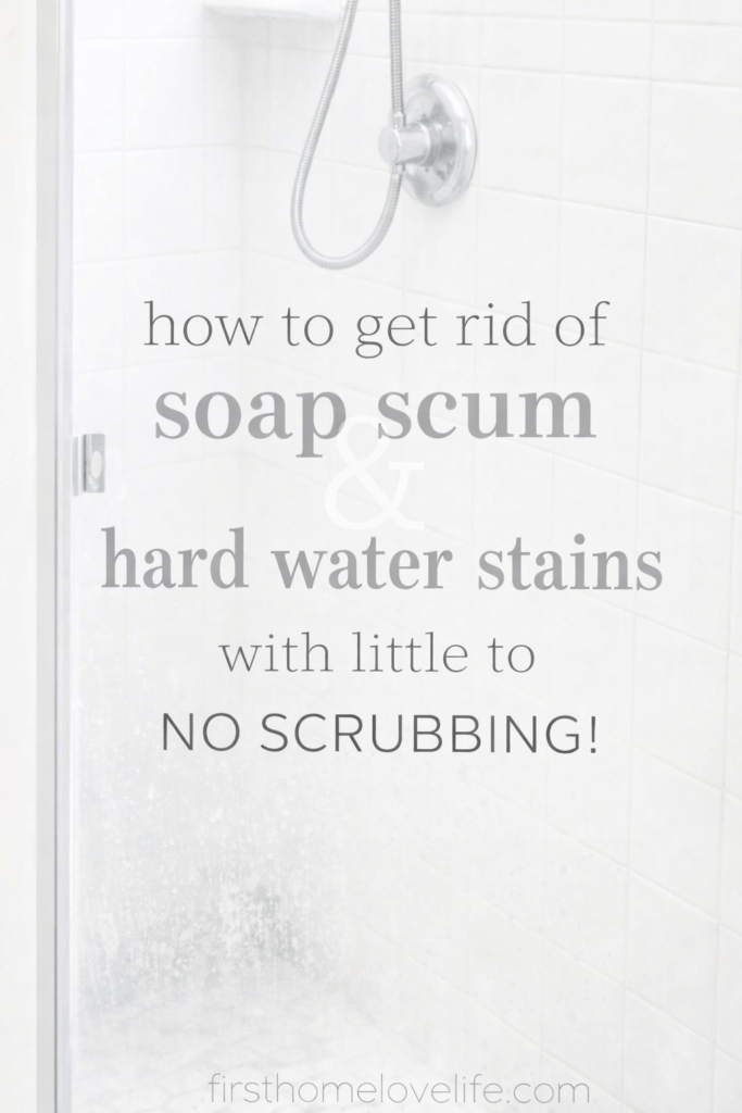 Clean white shower with glass door showing soap scum and hard water stains and text overlay about removing buildup with no scrubbing.