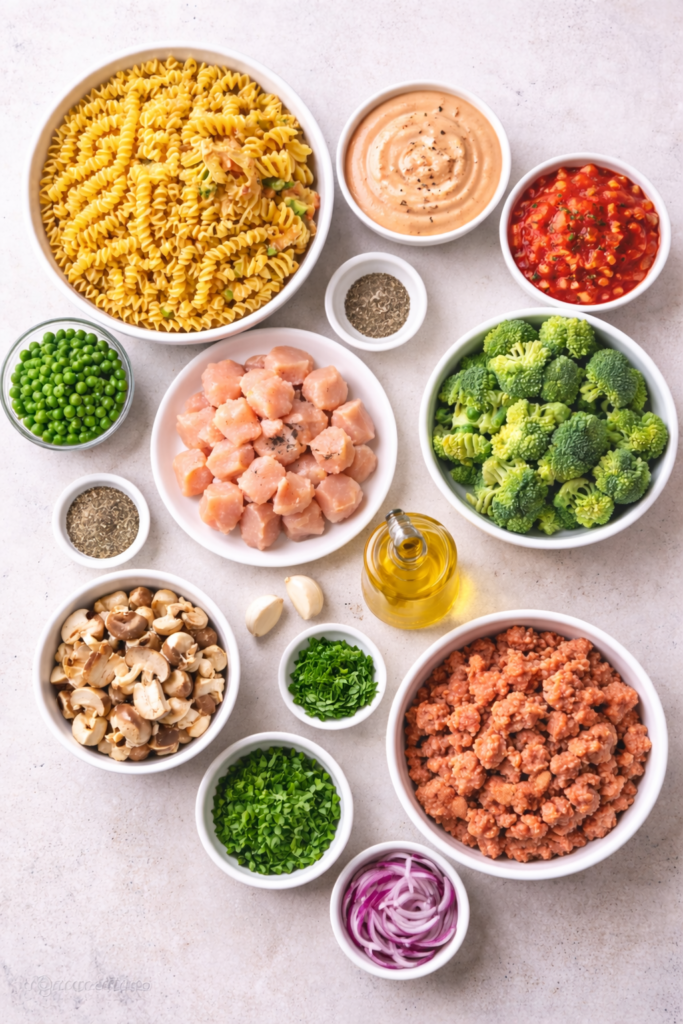 Flat lay of ingredients for one pot pasta rosa including rotini pasta, creamy rosa sauce, chicken, Italian sausage, broccoli, peas, mushrooms, garlic, and herbs
