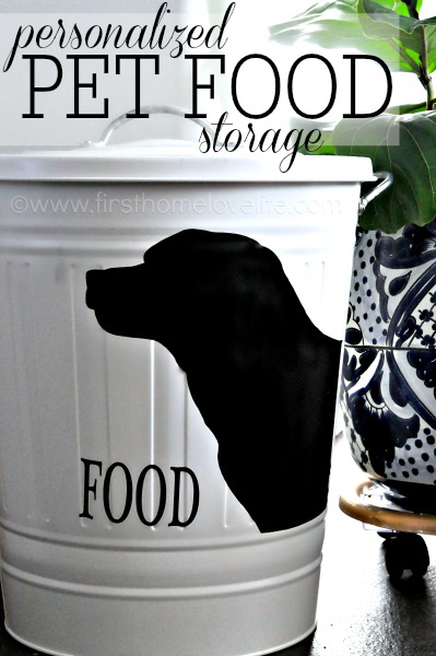 Create your own pet food storage containers with an #IKEA trashcan and #Silhouette machine! Perfect storage solution for your #pets via www.firsthomelovelife.com