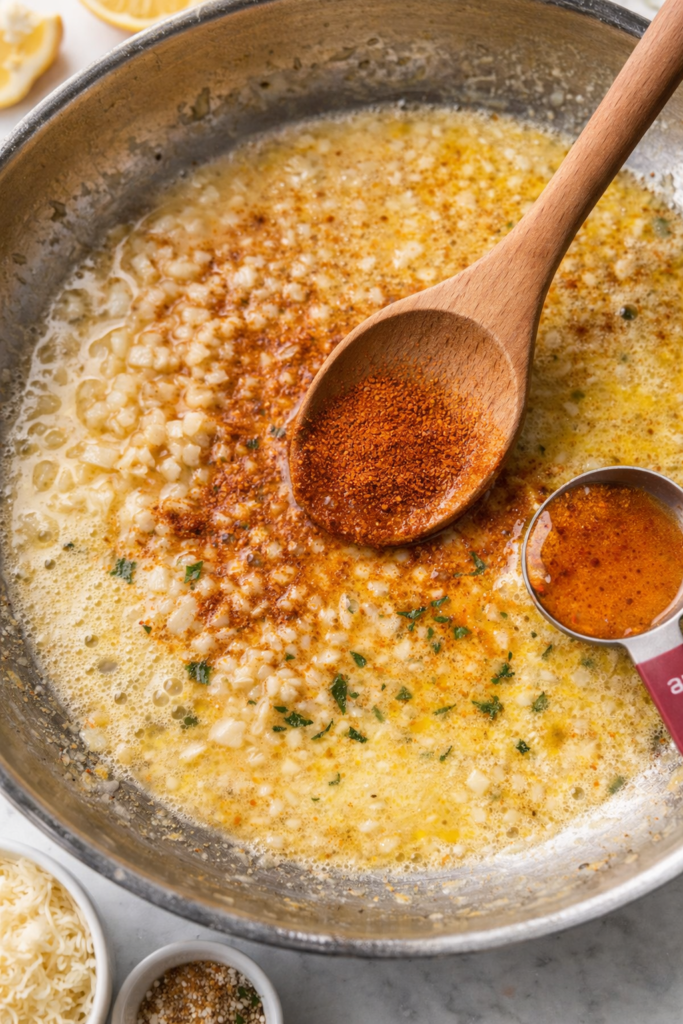 Garlic butter seafood boil sauce simmering in skillet with minced garlic and Cajun seasoning
