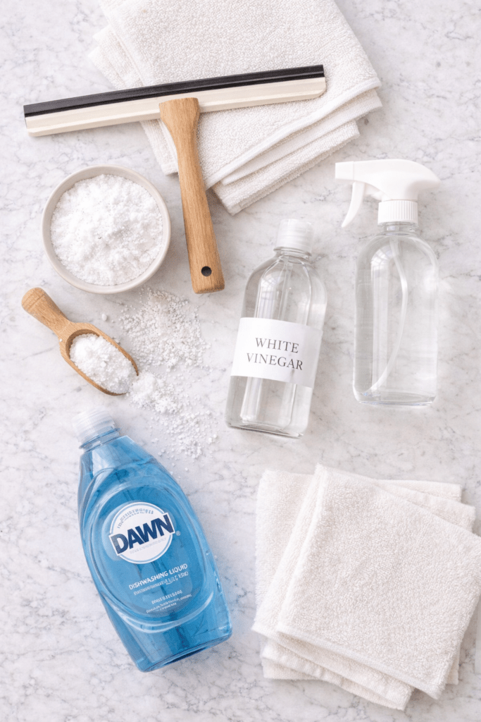 Flat lay of white distilled vinegar, baking soda, dish soap, spray bottle, squeegee, and lint-free cloth for removing soap scum and hard water stains.