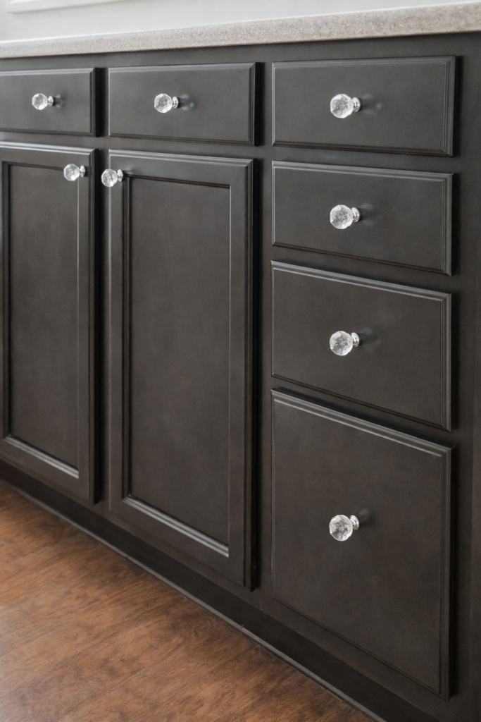 Dark gray spray painted kitchen cabinets with a smooth finish and crystal knobs, shown in a full vertical view after a DIY cabinet makeover.