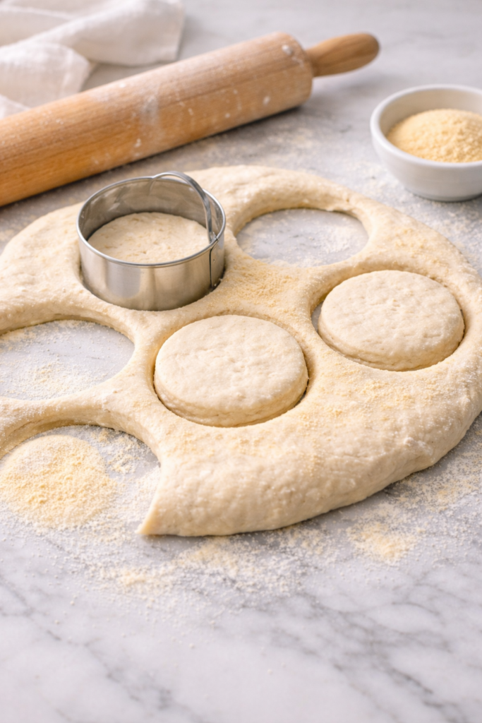 English muffin dough rolled out on marble countertop and cut into rounds with biscuit cutter, dusted with semolina.