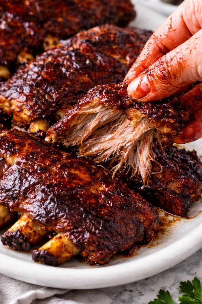 Hand pulling apart fall-off-the-bone BBQ ribs with saucy, tender meat