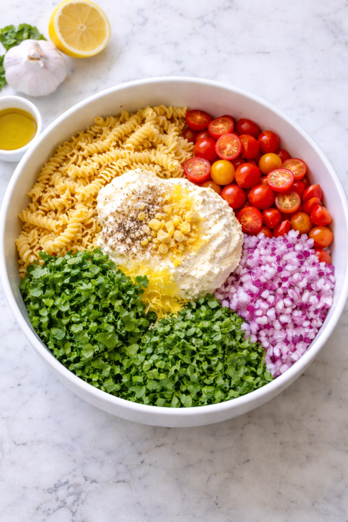 Garlic lovers pasta salad ingredients in a large white bowl before mixing with pasta, ricotta, tomatoes, red onion, herbs, lemon zest, and garlic on a marble counter