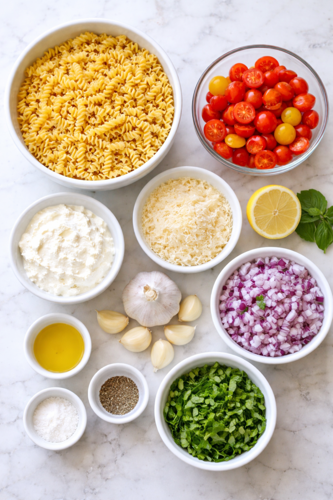 Flat lay of ingredients for garlic lovers pasta salad including rotini pasta, ricotta, parmesan, garlic, tomatoes, red onion, basil, lemon, and olive oil on a marble counter