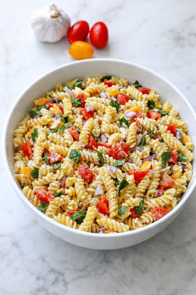 Garlic lovers pasta salad in a large white bowl on a marble counter with fresh tomatoes, herbs, and creamy dressing
