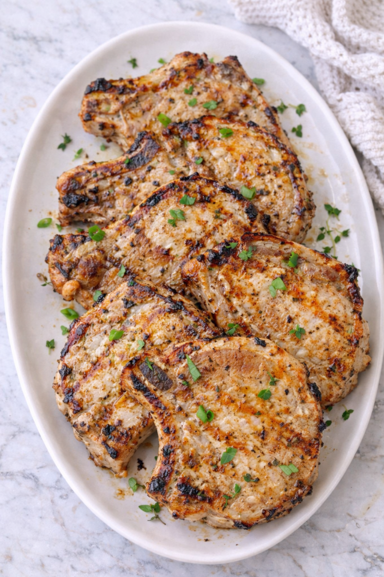 Grilled maple Dijon pork chops arranged on a large white platter with fresh herbs.
