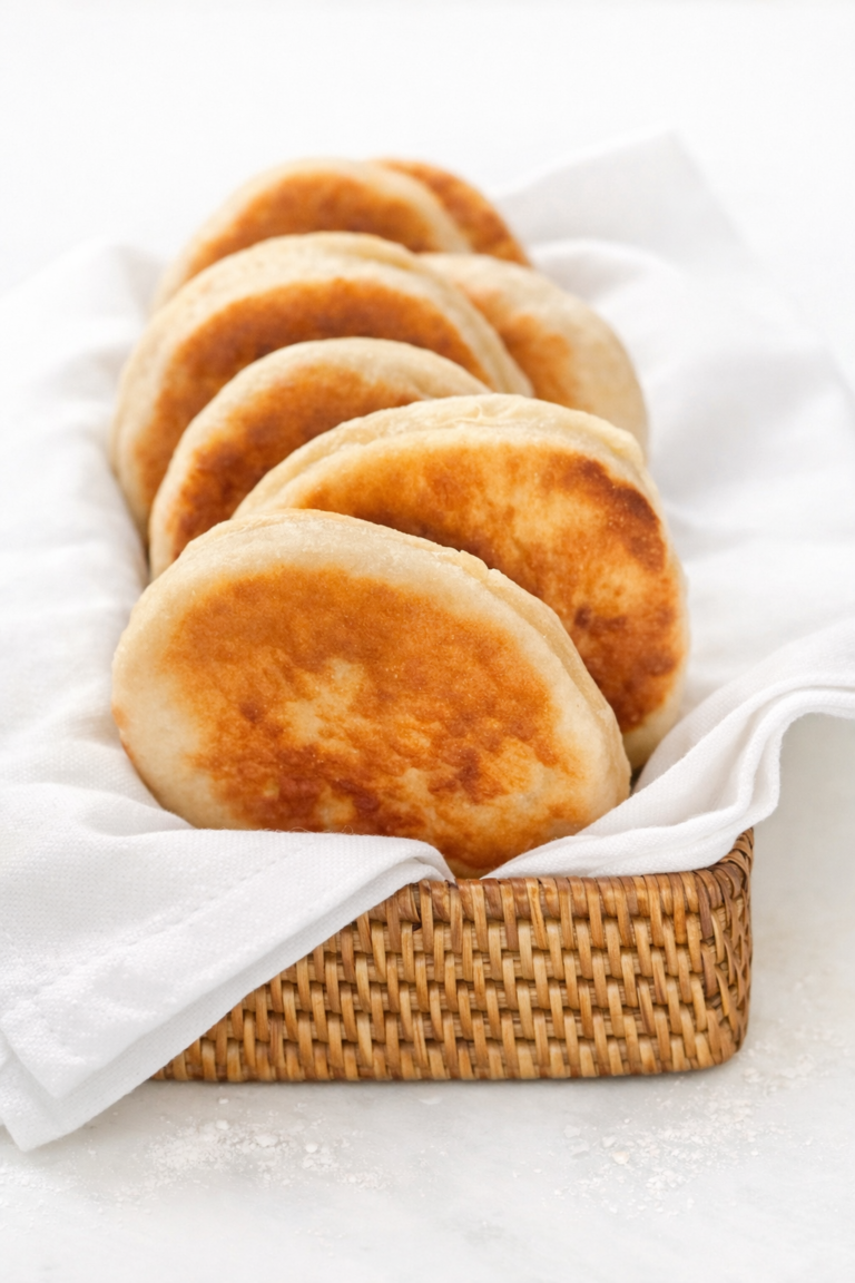 Golden homemade English muffins in a white cloth-lined wicker basket on a light neutral background