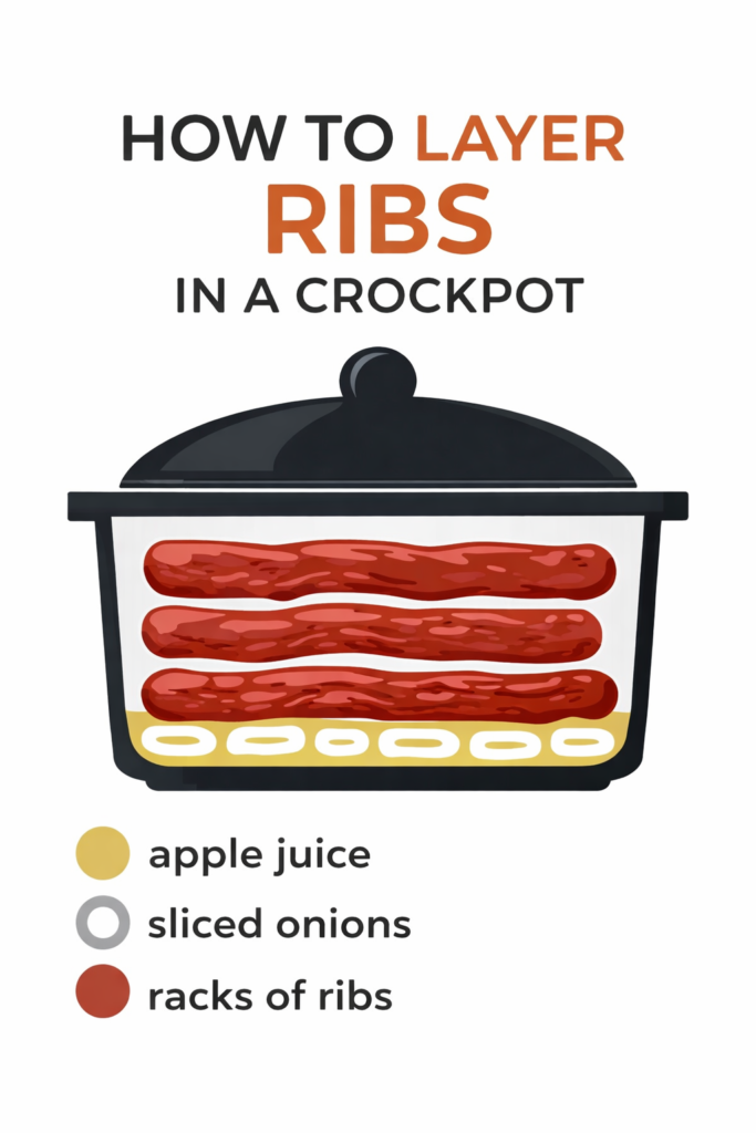 Diagram showing how to layer ribs in a crockpot with apple juice and onion slices