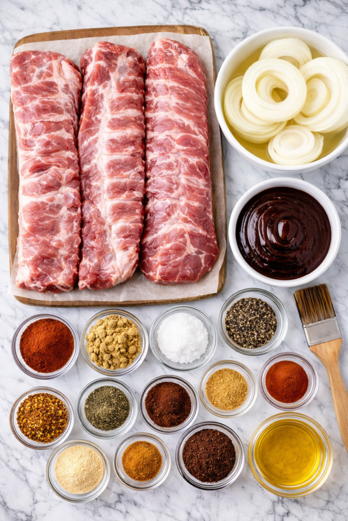 Ingredients for slow cooker BBQ ribs arranged on a marble countertop