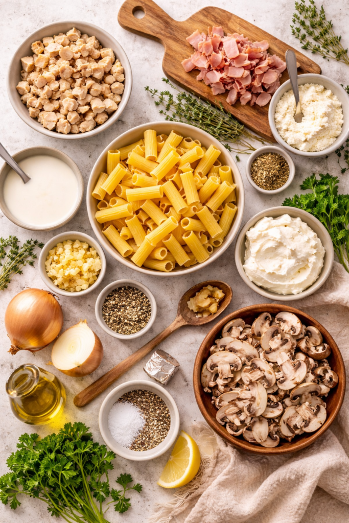 Flat lay of ingredients for creamy bacon mushroom chicken pasta including rigatoni, chicken, bacon, mushrooms, ricotta, garlic, and herbs.