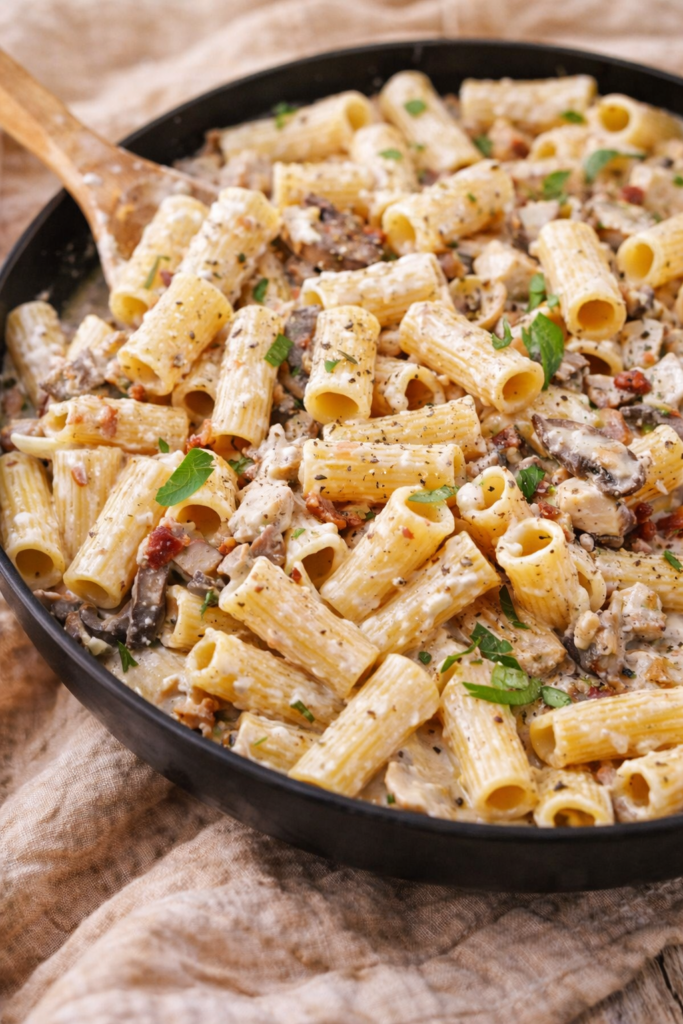 Creamy bacon mushroom chicken pasta with rigatoni in a skillet, garlic cream sauce, fresh herbs, and wooden spoon.