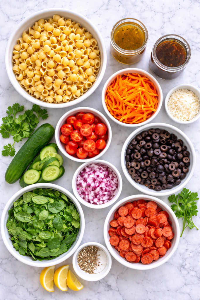 Flat lay of ingredients for deli style pasta salad including pasta, vegetables, pepperoni, olives, spinach, and Italian dressing on a marble counter