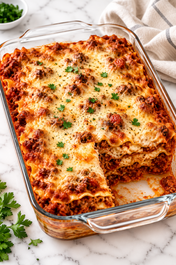 Homemade meat lovers lasagna baked in a glass casserole dish with layers of ground beef, Italian sausage, ricotta cheese, mozzarella, and rich tomato sauce on a white marble countertop.