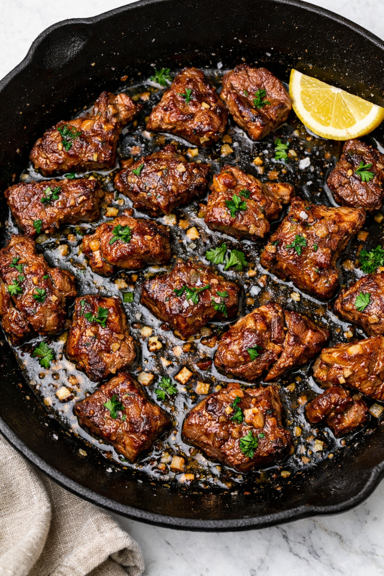 Garlic miso butter steak bites seared in a cast iron skillet with fresh parsley and lemon.