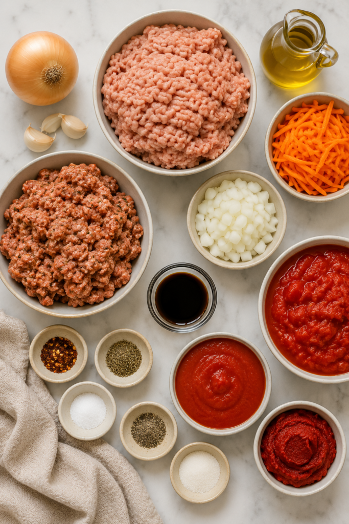 Flat lay of ingredients for ground turkey and sausage meat sauce arranged in white bowls on a marble countertop, including ground turkey, sausage, tomatoes, carrots, onions, garlic, olive oil, and seasonings.