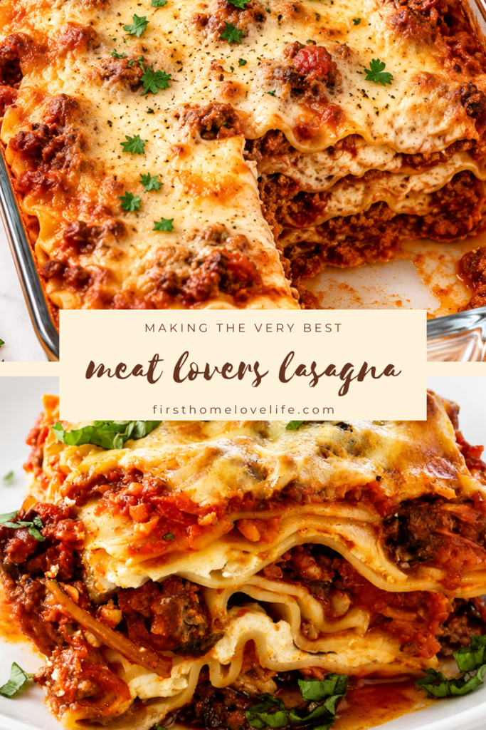 Pinterest pin featuring homemade meat lovers lasagna with layers of ground beef, Italian sausage, ricotta cheese, mozzarella, and rich tomato sauce baked until golden and bubbly.