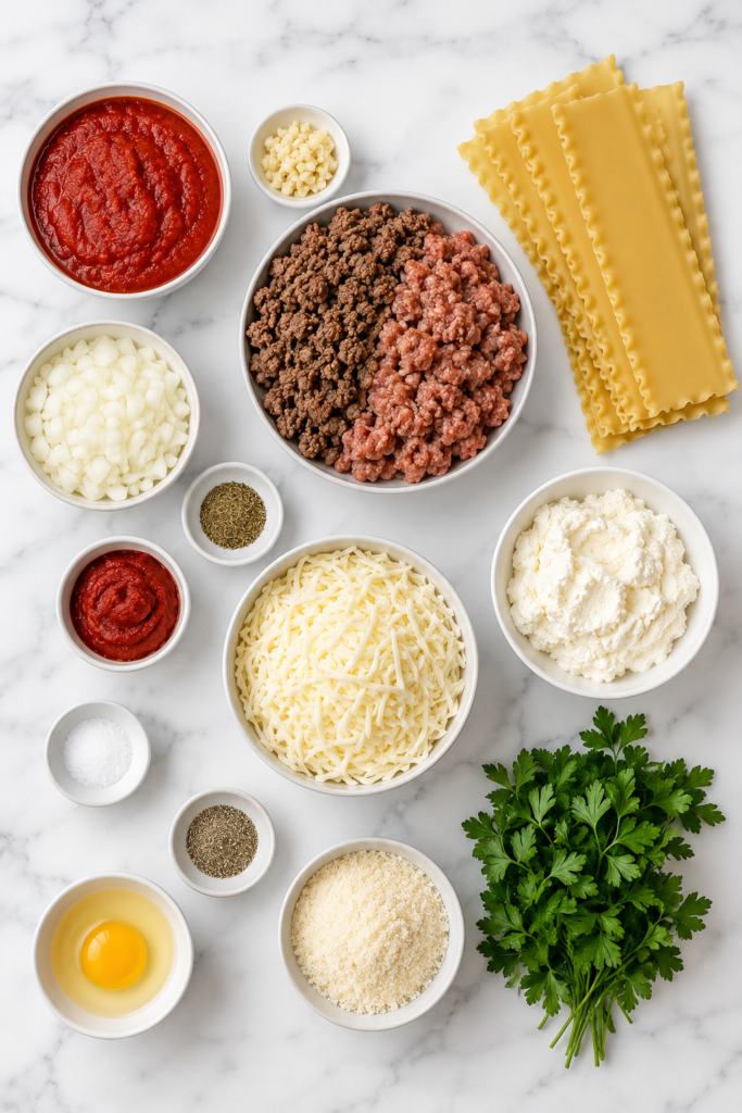 Flat lay of meat lovers lasagna ingredients including ground beef, Italian sausage, lasagna noodles, ricotta cheese, mozzarella cheese, marinara sauce, onion, egg, Parmesan cheese, and fresh parsley on a white marble countertop.