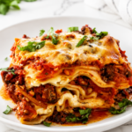 A thick slice of homemade meat lovers lasagna layered with ground beef, Italian sausage, ricotta cheese, mozzarella, and rich tomato sauce on a white plate atop a white marble countertop.