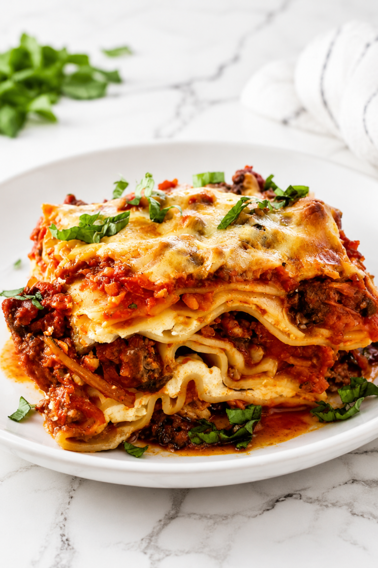 A thick slice of homemade meat lovers lasagna layered with ground beef, Italian sausage, ricotta cheese, mozzarella, and rich tomato sauce on a white plate atop a white marble countertop.