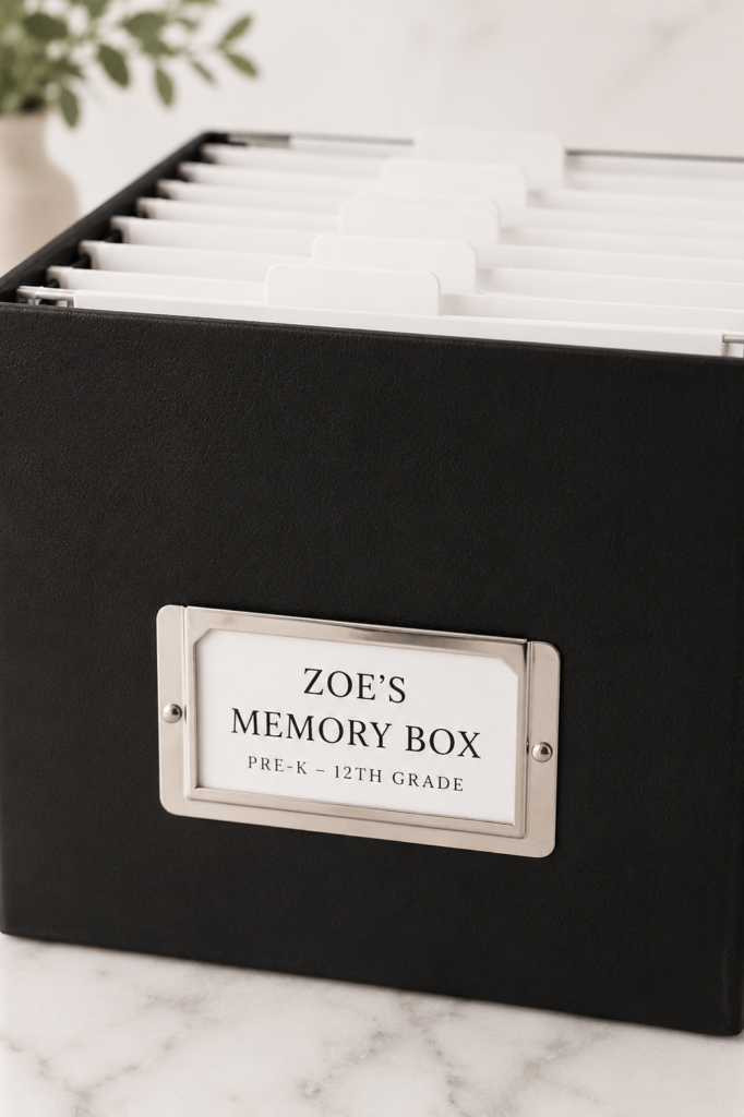 Black school memory box with white hanging file folders labeled by grade for organizing children's school papers and keepsakes.