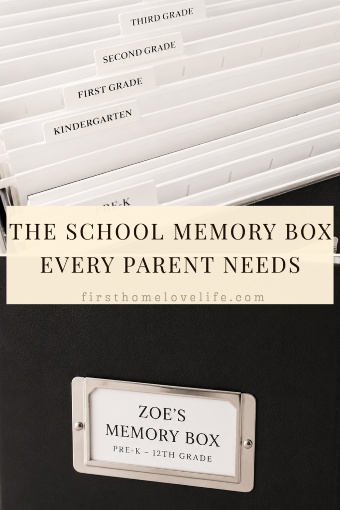 School memory box with white labeled file folders organized by grade for storing children's artwork, report cards, and school keepsakes from Pre-K through 12th grade.