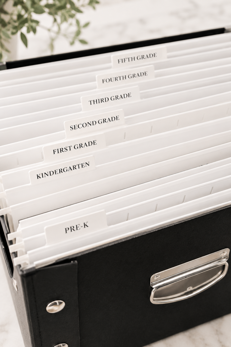 White hanging file folders labeled by grade inside a black school paperwork storage box for organizing children's school papers and keepsakes.