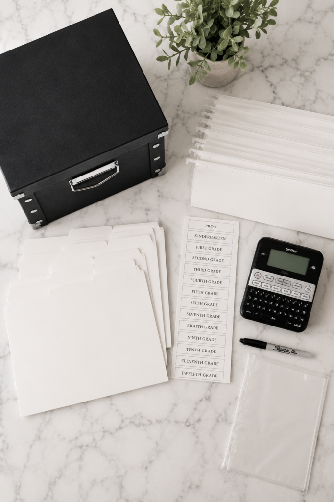 Flat lay of school paperwork storage supplies including a filing box, white hanging folders, file folders, labels, label maker, marker, and sheet protectors on a marble countertop.