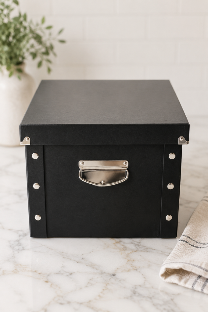 Black school paperwork storage box on a marble countertop with a simple filing system for organizing children's school papers and artwork.