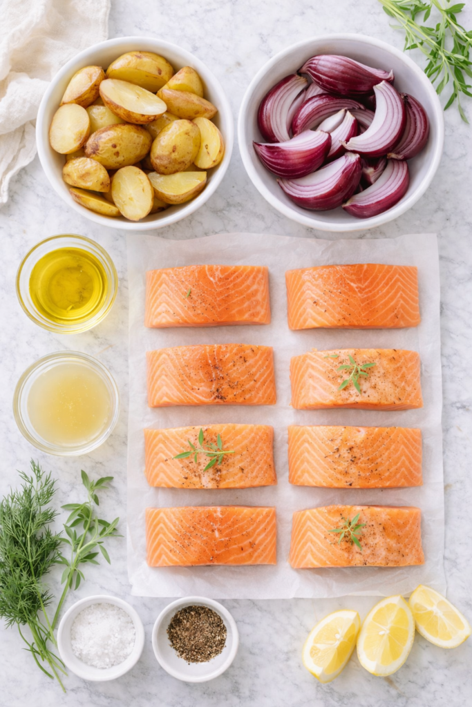 Flat lay of sheet pan salmon ingredients including salmon fillets, baby potatoes, red onion, olive oil, lemon, fresh herbs, salt and pepper on marble countertop.