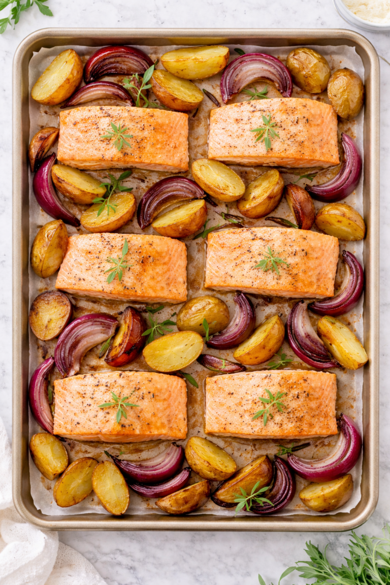 Overhead view of sheet pan salmon with roasted baby potatoes and red onions on parchment-lined baking sheet.