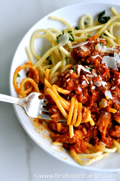 Bucatini noodles smothered in a super thick and robust ground turkey and sausage meat sauce. Comforting and delicious! 