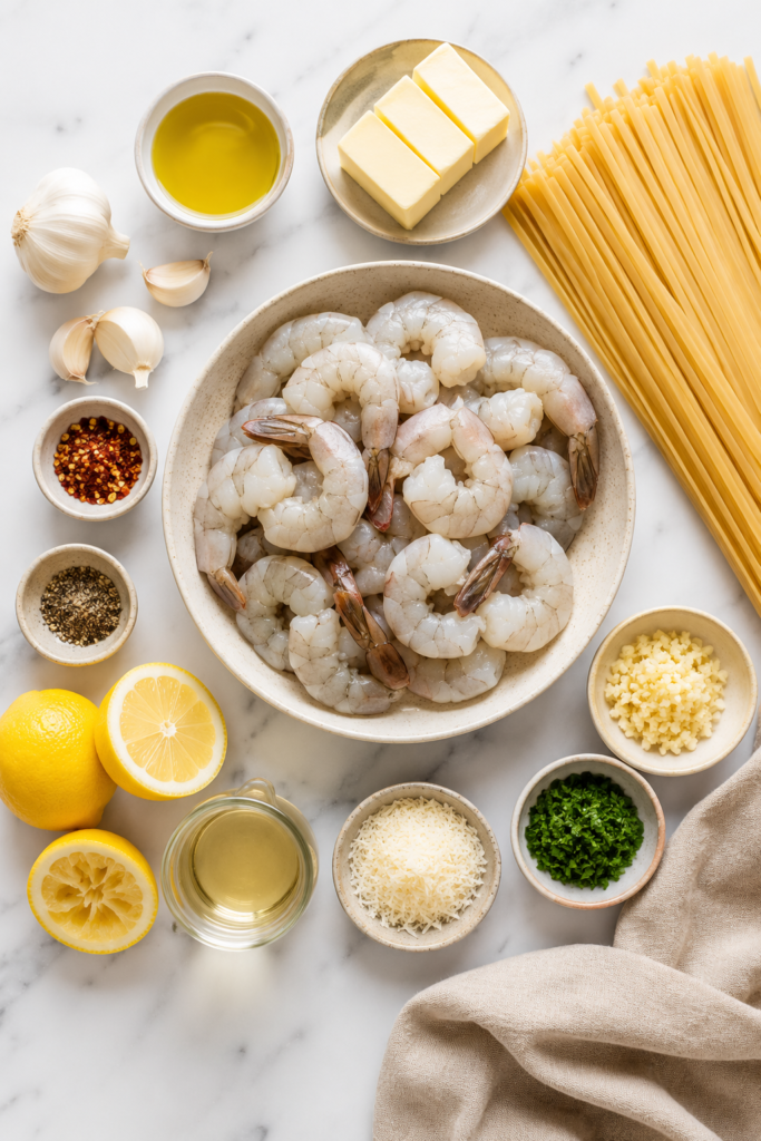Flat lay of raw shrimp, linguine, garlic, butter, lemon, Parmesan cheese, white wine, parsley, olive oil, and red pepper flakes on a white marble countertop.