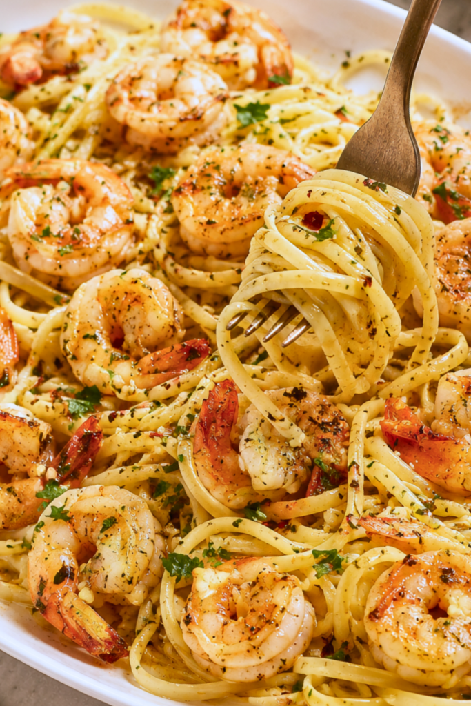 Fork twirling linguine topped with garlic butter shrimp scampi on a large white platter with fresh parsley, Parmesan, lemon, and red pepper flakes.