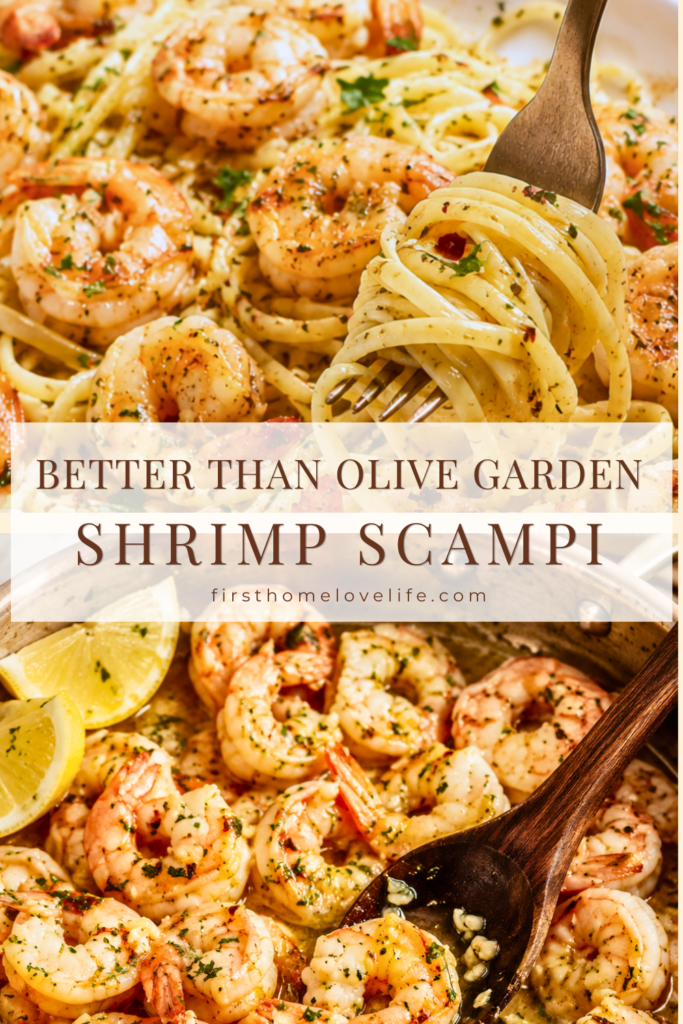 Vertical Pinterest pin featuring Better Than Olive Garden Shrimp Scampi with a fork twirling linguine and garlic butter shrimp over a copper skillet of shrimp scampi.